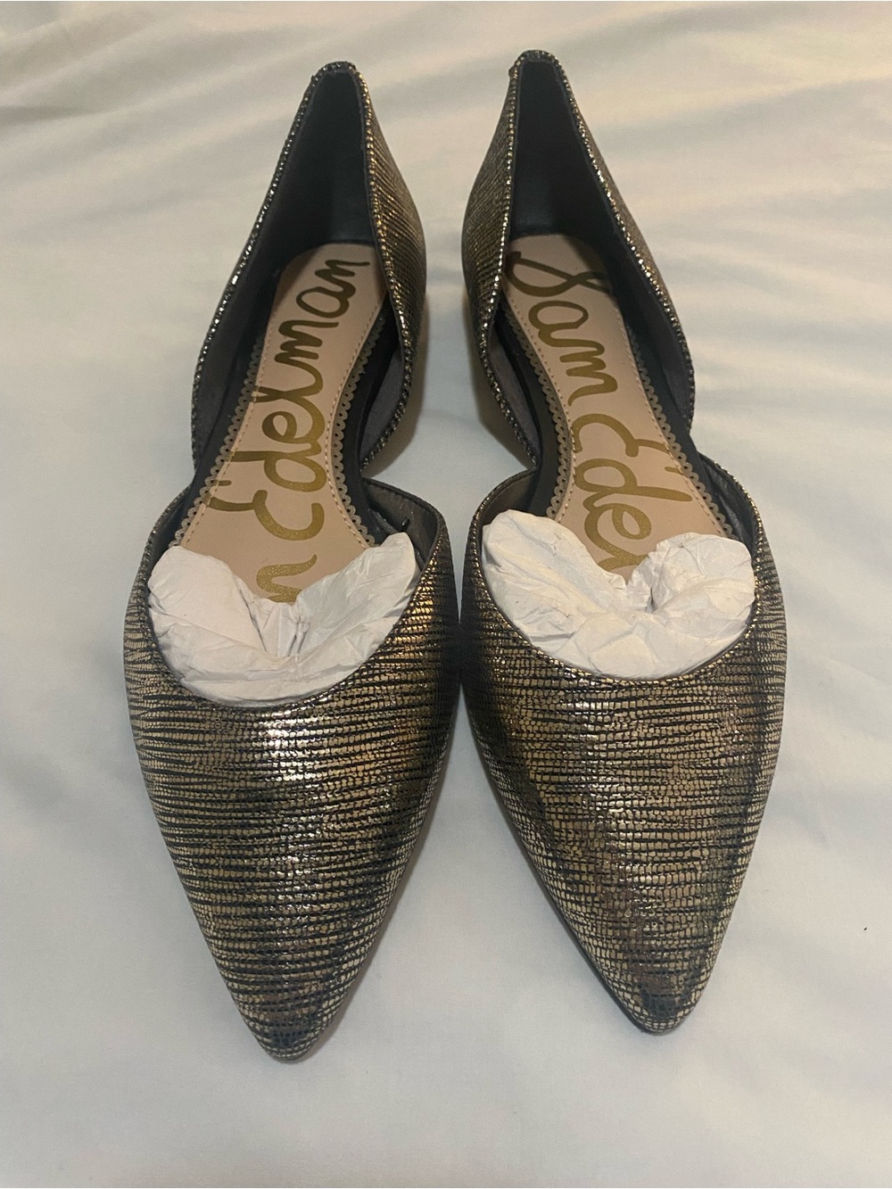 Sam Edelman Metallic Gold Textured Pointed-Toe D'Orsay Flats